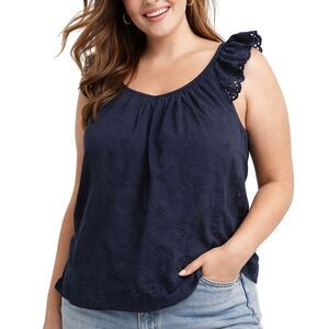 GAP Navy Blue Eyelet Tank Top XL Ruffle Sleeve Scoop Neck Blouse Cottagecore